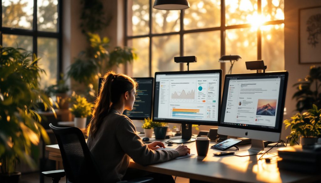 Woman working on dual monitors in a home office with plants and sunlight streaming in