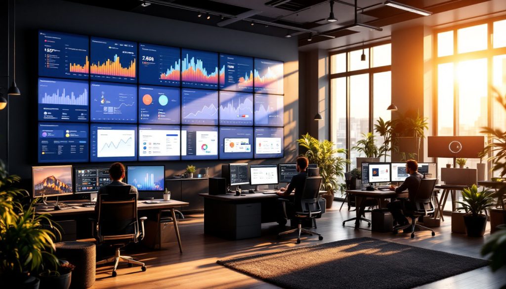 Modern office space with multiple workers at desks, facing large digital dashboards displaying data and analytics