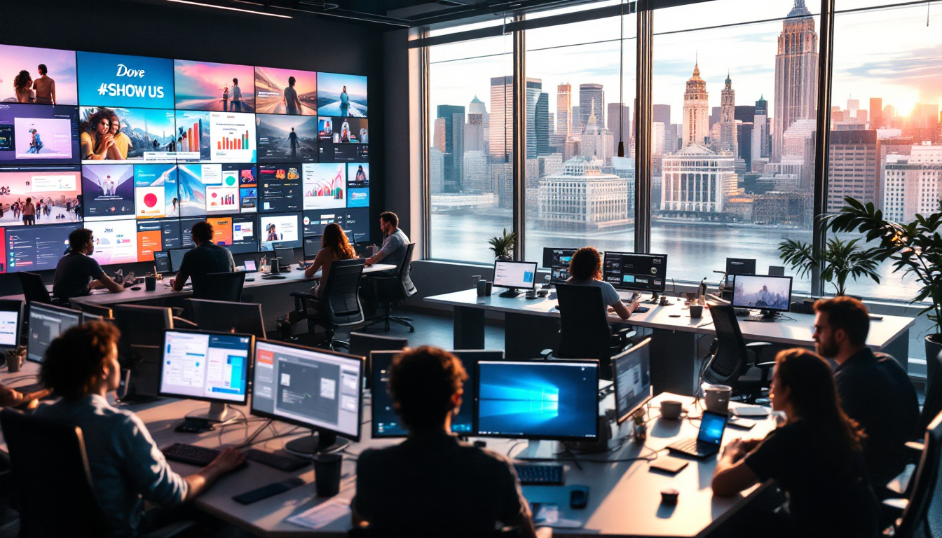 Office team working with multiple screens showing data and visuals, New York City skyline in the background