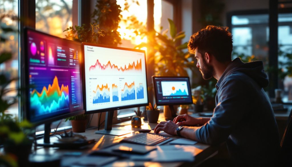 Man analyzing graphs on multiple monitors in a sunlit office with plants