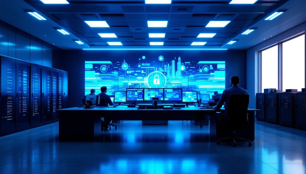 A futuristic security operations center with multiple monitors and digital security graphics