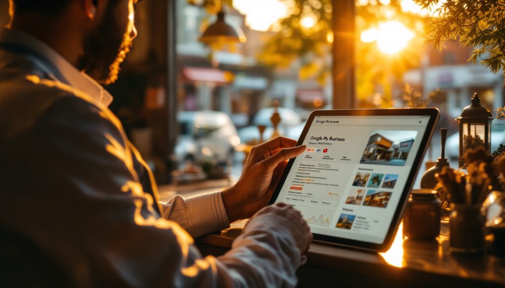 A person using a tablet to access Google My Business in a sunny cafe