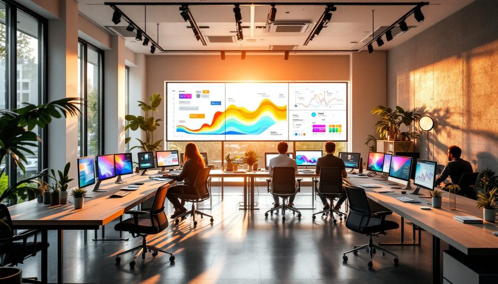 Modern office with multiple screens showing analytics and people working